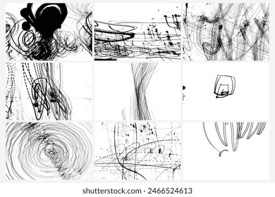 Abstract drawing pattern set. Scribbled hand drawn backgrounds. Organic grunge textured overlapping wavy shapes and lines. Striped flat swatch. Speeding drunk party vision. Vector.