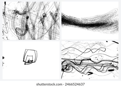 Abstract drawing pattern set. Scribbled hand drawn backgrounds. Organic grunge textured overlapping wavy shapes and lines. Striped flat swatch. Speeding drunk party vision. Vector.