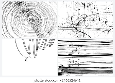 Abstract drawing pattern set. Scribbled hand drawn backgrounds. Organic grunge textured overlapping wavy shapes and lines. Striped flat swatch. Speeding drunk party vision. Vector.