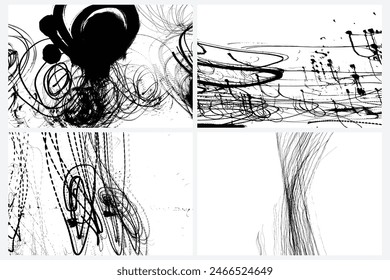 Abstract drawing pattern set. Scribbled hand drawn backgrounds. Organic grunge textured overlapping wavy shapes and lines. Striped flat swatch. Speeding drunk party vision. Vector.