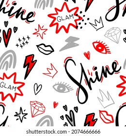 Abstract drawing pattern.Fashion illustration drawing with text slogan, graffiti. Girlish  teen print