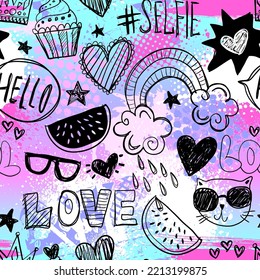 Abstract drawing pattern.Fashion illustration drawing with text slogan, graffiti. Girlish  teen print