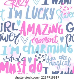 Abstract drawing pattern.Fashion illustration drawing with text slogan, graffiti. Girlish  teen print