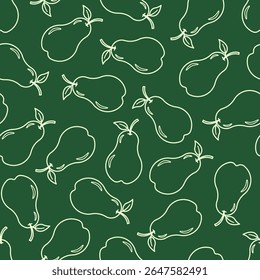Abstract drawing of pears outline doodle seamless pattern, light green outlines on dark green background.