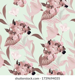 Abstract drawing of pink flowers and leaves on a light cream sage green color background. Seamless vector floral pattern. Simple square repeating design for fabric and wallpaper.