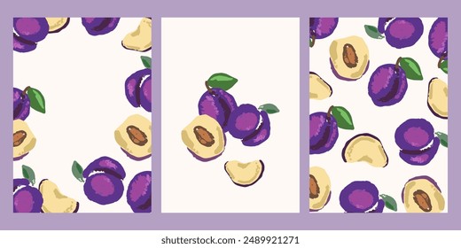 Conjunto de Plantilla de fruta de ciruela de dibujo Abstractas para diseño de impresión de Anuncio de póster. Diseño de Producto con frutas dibujadas a mano abstractas. Dibujo a mano Fondo de verano dibujo de arte moderno.Ilustración vectorial