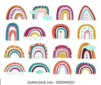 Abstract drawing rainbows. Cartoon weather, pastel modern scandinavian clouds clipart. Different unusual shapes rainy day exact vector set