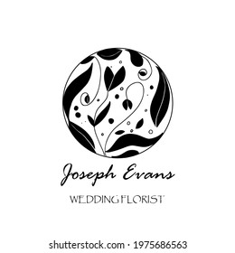 Abstract drawing round flower logo, leaves, flowers, line drawing flower logo, eco logo, wedding design, sketch