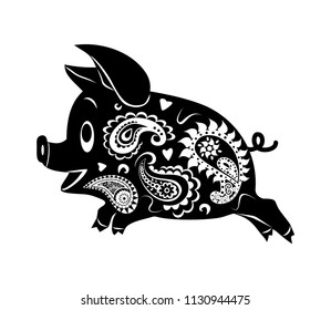 Abstract drawing of a running pig. Ornament. Vector 2D illustration