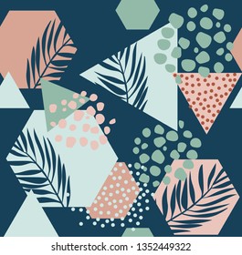 Abstract drawing in scandinavian style. Modern vector illustration with tropical leaves, grunge, marbling textures, doodles, minimal elements. Creative seamless pattern with hand drawn shapes 