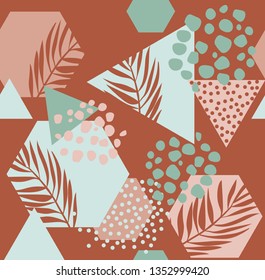 Abstract drawing in scandinavian style. Modern vector illustration with tropical leaves, grunge, marbling textures, doodles, minimal elements. Creative seamless pattern with hand drawn shapes 
