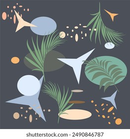 Abstract drawing in scandinavian style. Modern vector illustration with tropical leaves, grunge, marbling textures, doodles, minimal elements. Creative seamless pattern with hand drawn shapes.