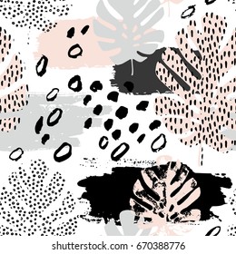 Abstract drawing in scandinavian style  Modern vector illustration and tropical leaves  grunge  marbling textures  doodles  minimal elements  Creative seamless pattern and hand drawn shapes