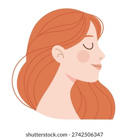 
Abstract drawing, side view of a young peaceful woman with long wavy ginger hair. Modern trendy minimal flat color style. Design for print, sticker, banner. Vector illustration isolated on white