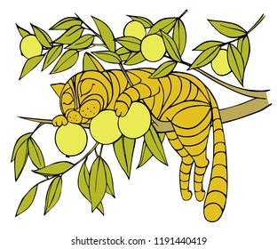 Abstract drawing of a sleeping cat on an Apple tree.
