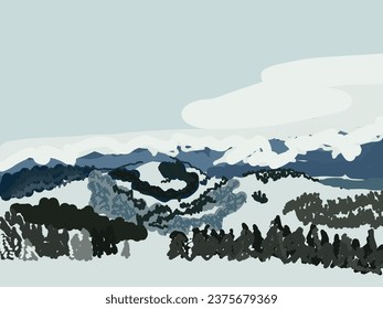 dibujo abstracto de las montañas nevadas y los pinos