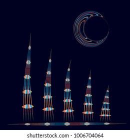 Abstract drawing of spiky towers and planets on a dark background