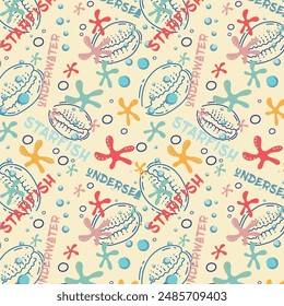 Abstract drawing of starfish and shells underwater. Vector Pattern with bubbles, shells and sea inhabitants of the underwater depths.  Seamless pattern for fabric, textile, wallpaper, cards.