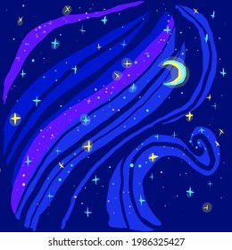Abstract drawing, starry night with half moon