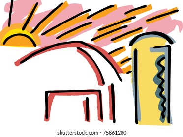 Abstract drawing of a sunrise behind a barn and silo