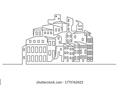 Abstract drawing of town on the hill in line art drawing style. Small hilltop settlement black linear design isolated on white background. Vector illustration
