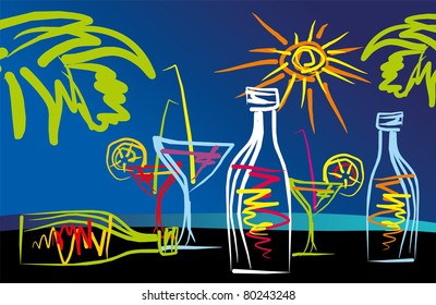 abstract drawing tropical cocktails on the beach, the vector