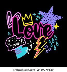 Abstract drawing for t-shirts. Background with colorful words, heart, star and creative design for girls. Fashion vector illustration in modern style for clothes. Girlish print with slogan LOVE