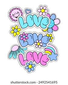 Abstract drawing for t-shirts. Background with flowers,  words love, cool patches, stickers, quote. Design for teen girls. Fashion illustration in modern style for girlish print