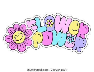 Abstract drawing for t-shirts. Background with flowers,  words Flower power, cool patches, stickers, quote. Design for teen girls. Fashion illustration in modern style for girlish print