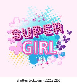 Abstract drawing for t-shirts. Background with hearts and creative design for girls. Fashion illustration drawing in modern style for clothes. Girlish print with stars, butterfly.  Design for clothes