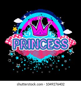 Abstract drawing for t-shirts. Background with stars and creative design for girls. Fashion illustration drawing in modern style for clothes. Girlish print with stars, hearts, crown.