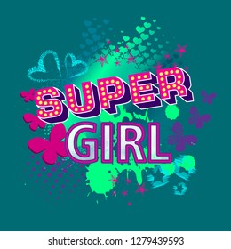 Abstract drawing for t-shirts. Background with stars and creative design for girls. Fashion illustration drawing in modern style for clothes. Girlish print with stars, hearts, crown.