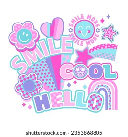 Abstract drawing for t-shirts. Background with words Dream for star, cool patches, stickers. Design for teen girls. Fashion illustration in modern style for girlish print