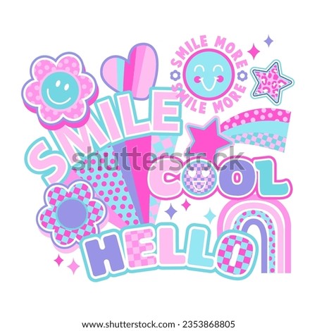 Abstract drawing for t-shirts. Background with words Dream for star, cool patches, stickers. Design for teen girls. Fashion illustration in modern style for girlish print