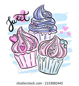 Abstract drawing for t-shirts. Bright colorful cupcake and lettering. Fashion print drawing in modern style 