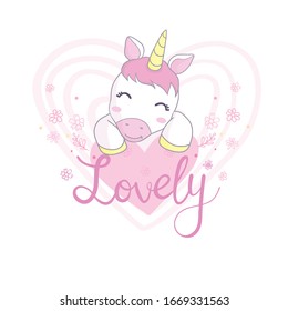 Abstract drawing for t-shirts. Cartoon colorfu cute unicorn for girl kids desing. Fashion illustration drawing in modern style for clothes. Girlish print