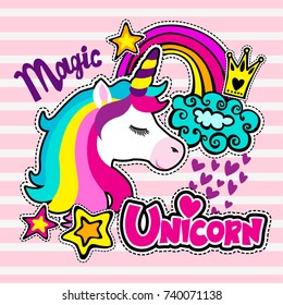 Abstract drawing for t-shirts. Cartoon colorful magic Unicorn for girl kids desing. Fashion illustration drawing in modern style for clothes. Girlish print