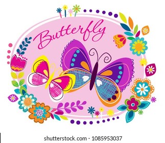 Abstract drawing for t-shirts with colorful butterfly. Creative design for girls. Fashion illustration in modern style for clothes on white background.