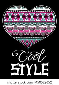Abstract drawing for t-shirts. Creative design for girls. Fashion illustration drawing in modern style for clothes. Girlish print with LOVE, ornament, owls