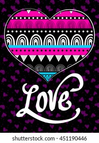 Abstract drawing for t-shirts. Creative design for girls. Fashion illustration drawing in modern style for clothes. Girlish print with LOVE, hearts and ornament