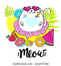 Abstract drawing for t-shirts with cute cat and summer fruits. Creative design for girl. Fashion illustration in tropical style 