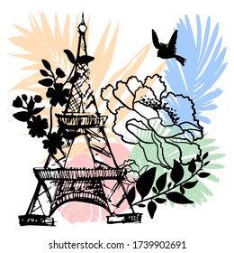 Abstract drawing for t-shirts with Eiffel Tower, flowers and tropical leaves. Creative design for romantic girl. Fashion illustration in modern style for clothes on white background.