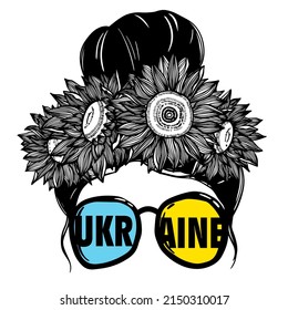 Abstract drawing for t-shirts with girl on sunglasses and sunflower wreath. Vector isolated on white backgraund. Ukrainian national colors