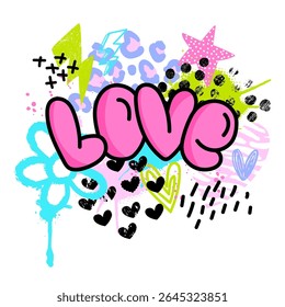 Abstract drawing t-shirts for girls on white background with shape pink hears in comics style.Abstract fashion illustration with creative design for girlish clothes