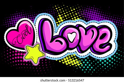 Abstract drawing t-shirts for girls on white background with shape pink hear, star and gradient color word love in comics style.Abstract fashion illustration with creative design for girlish clothes
