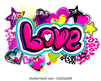 Abstract drawing t-shirts for girls on white background with shape pink hears, stars and gradient color word love in comics style.Abstract fashion illustration with creative design for girlish clothes