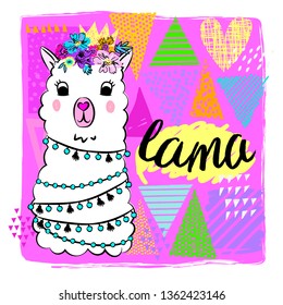 Abstract drawing for t-shirts with lama. Fashion illustration for girl. 