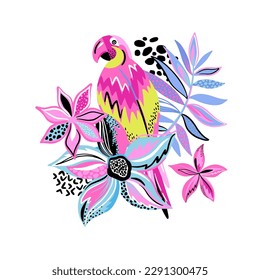 Dibujo abstracto para camisetas con loros y flores. Diseño creativo para chicas. Ilustración de estilo tropical