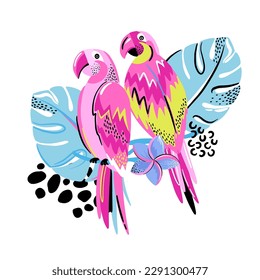 Abstract drawing for t-shirts with parrots and flowers. Creative design for girl. Fashion set illustration in tropical style