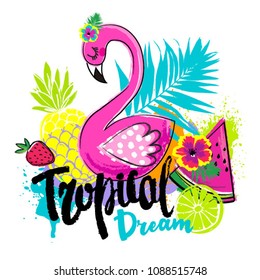 Abstract drawing for t-shirts with pink flamingo and summer fruits. Creative design for girl. Fashion illustration in tropical style on white background.